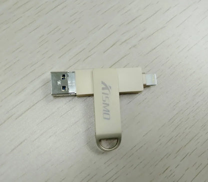 Metal dual-use USB flash drive for Apple and Android with USB 3.0, shown in Black, Gold, Pink, and Silver.