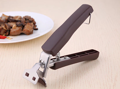 Stainless steel baking tray holder with widened handle and rubber-coated clamps