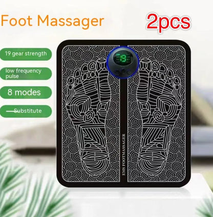 Portable EMS foot massager pad showing remote control and foldable 32.5x29.5cm design