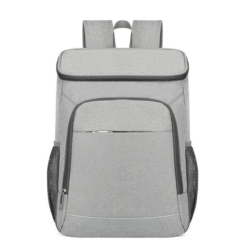 Large Oxford cloth backpack for outdoor thermal picnics with curved shoulder straps in grey with orange accents