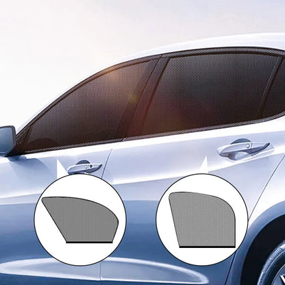 Elastic car side window sunshade made of grey mesh, stretched over a car window frame.