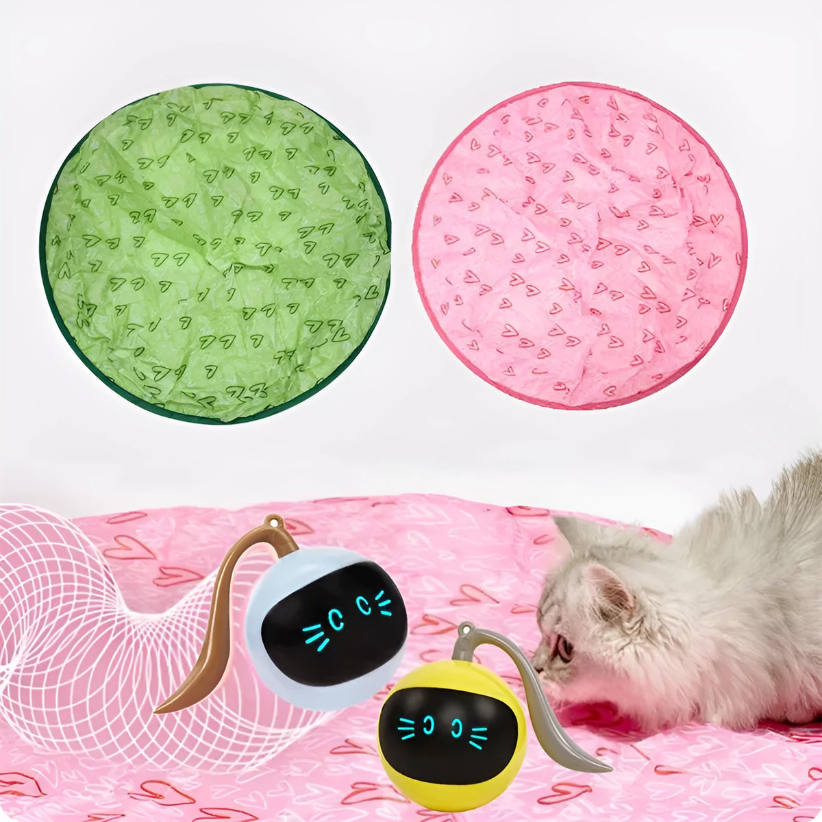 70cm nylon cat hunting cover with electric motion ball, available in pink or green, USB powered for indoor cats