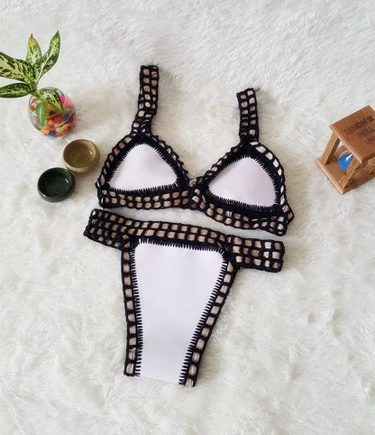 Hand crochet colourful bikini set with spell colour rubber detailing, available in multiple sizes and colours.