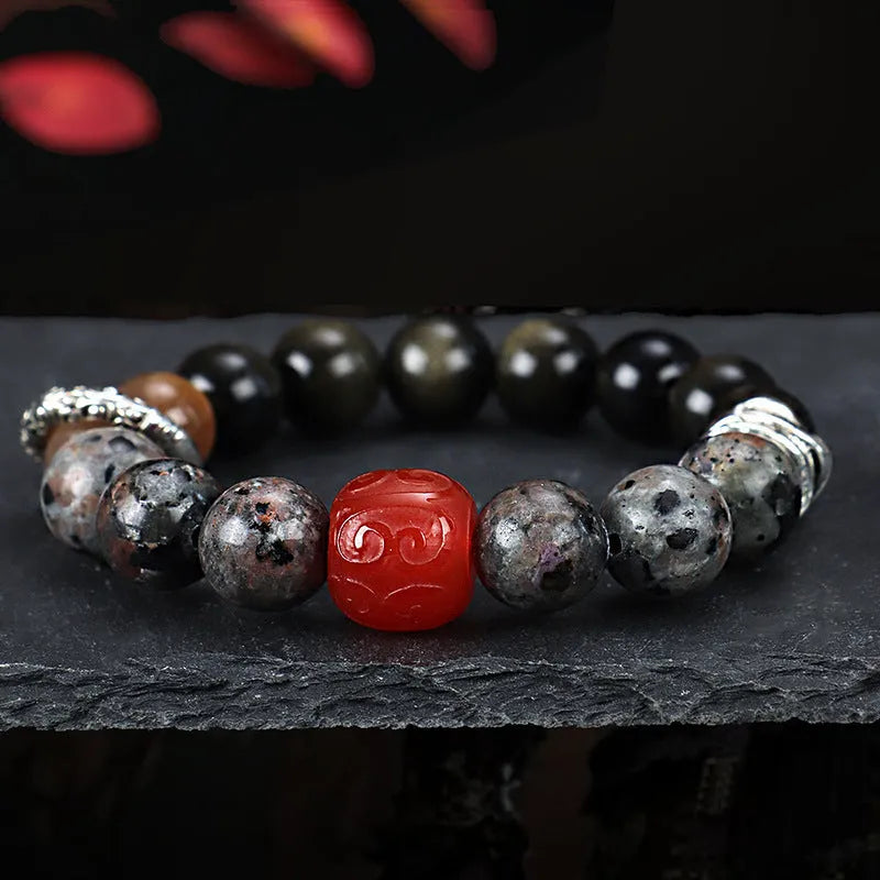 Golden obsidian flame stone red agate unisex bracelet with original design.