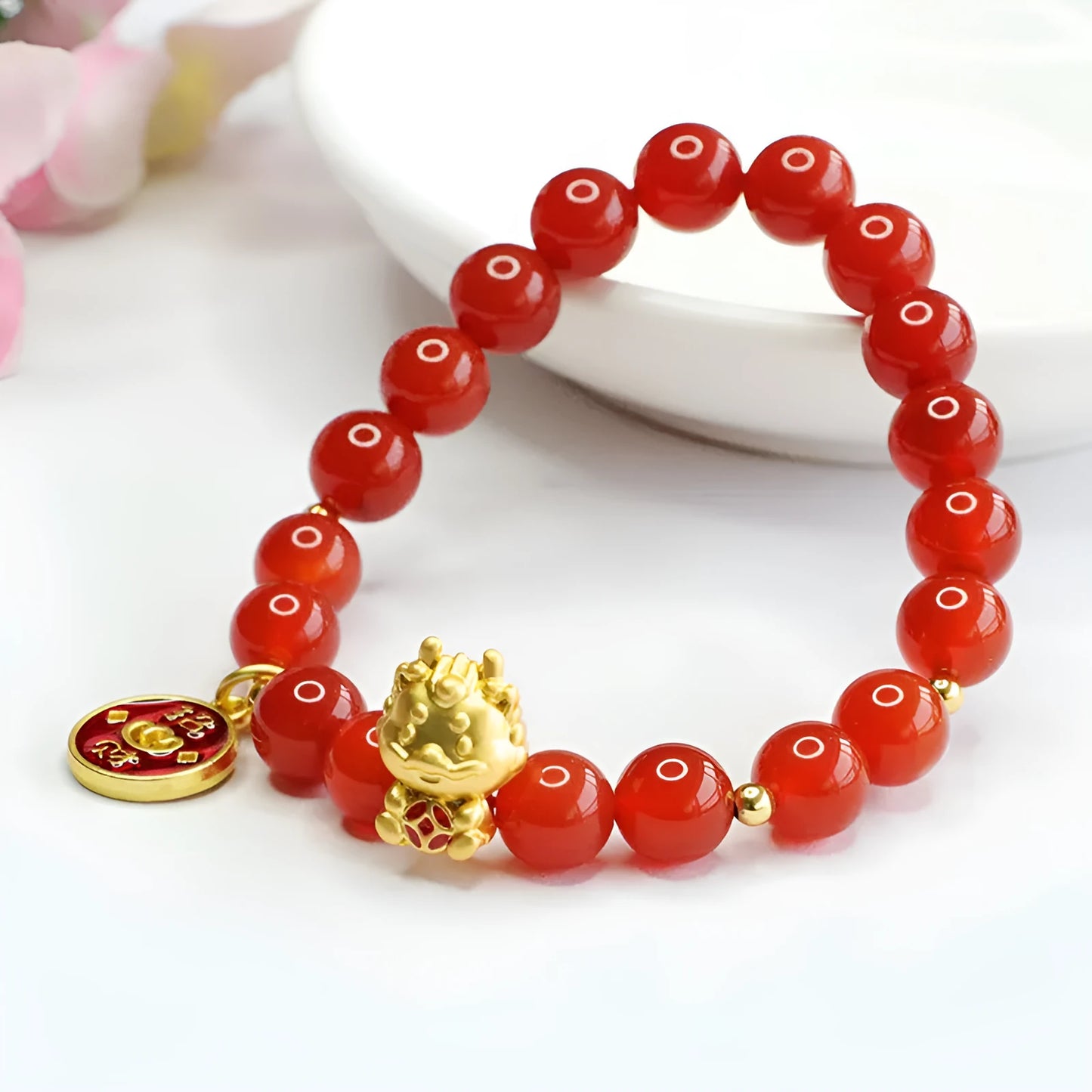 Red agate zodiac dragon bracelet with 8mm Chinese style beads
