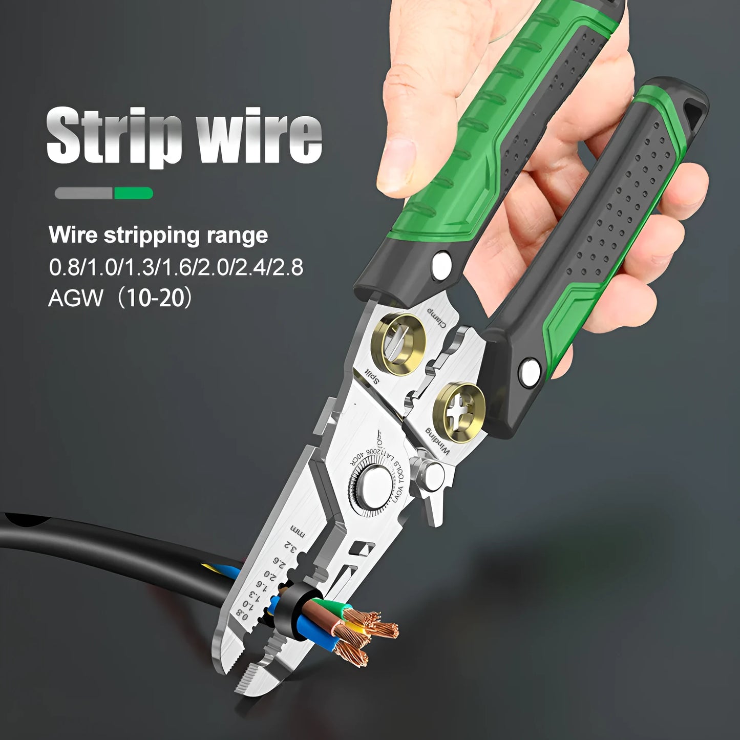 Stainless steel wire stripper tool with a two-colour handle showing seven different sized stripping holes.