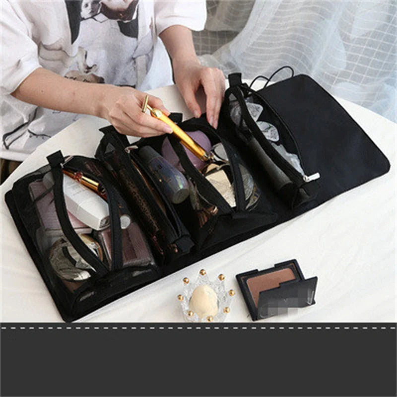 4-in-1 detachable cosmetic bag in green, pink, and black with waterproof oxford material