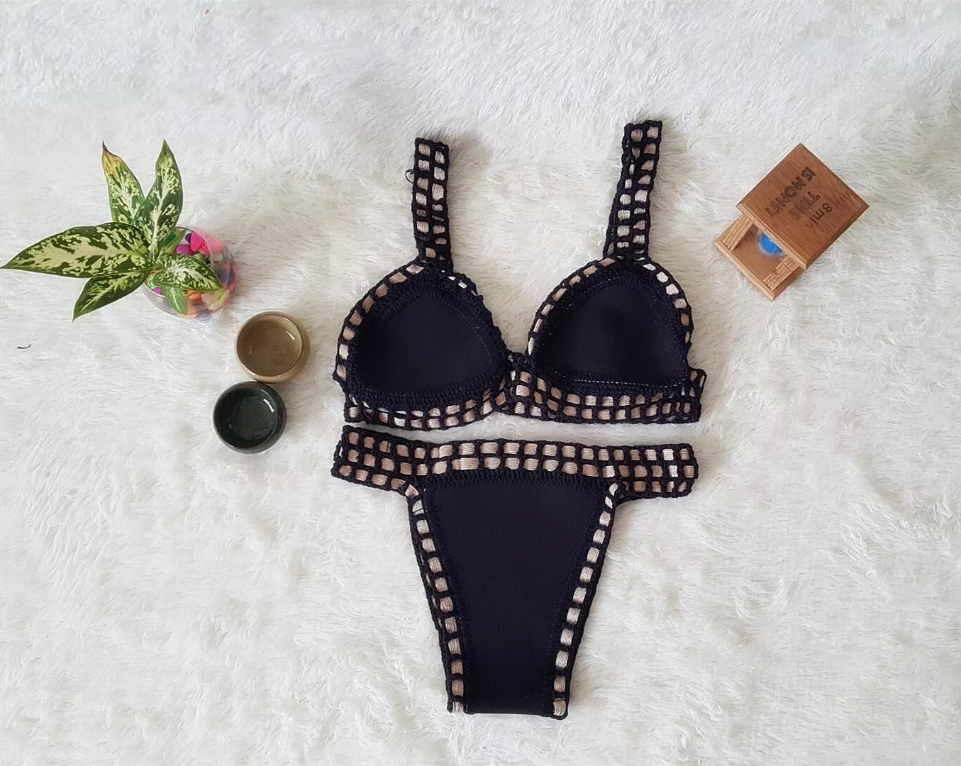 Hand crochet colourful bikini set with spell colour rubber detailing, available in multiple sizes and colours.
