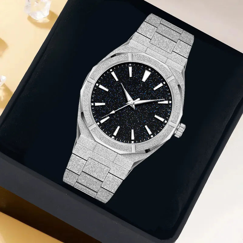 Men's frosted stainless steel business watch with luminous hands on a black dial.