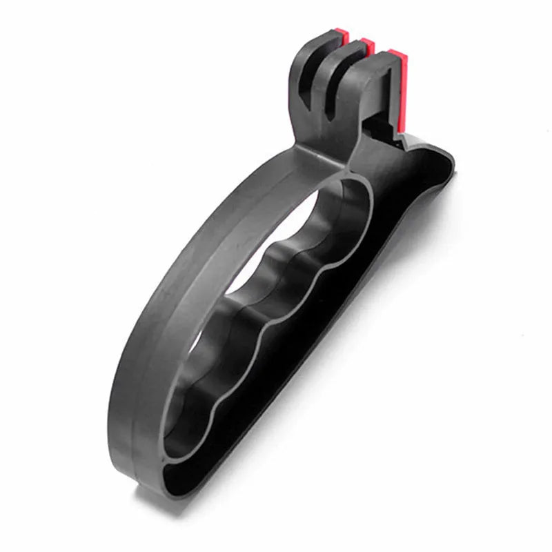 Black handheld ND-007 knife and scissor sharpener with ergonomic grip, showing ceramic and tungsten steel slots.