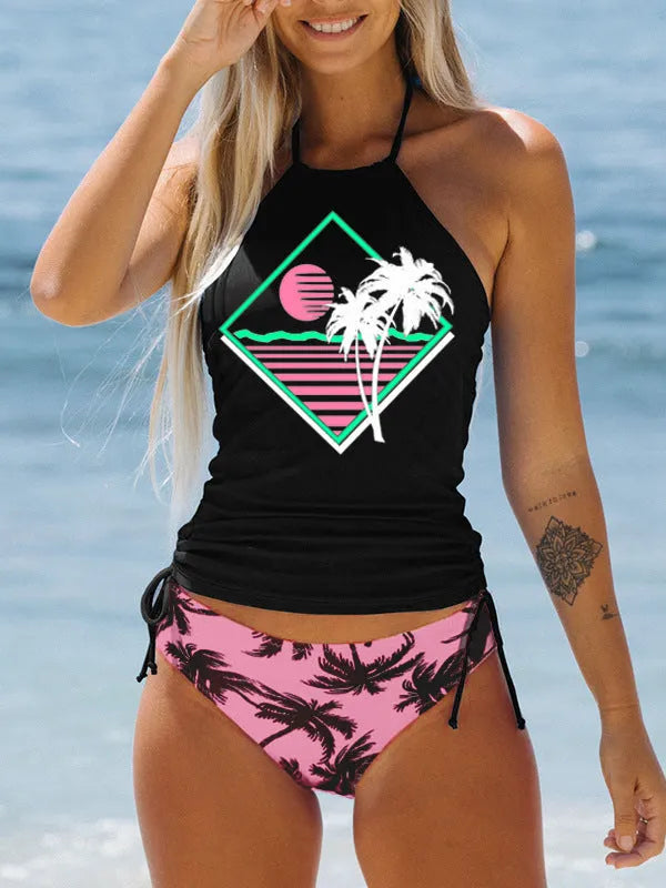 Conservative European and American women's colourful split pattern swimsuit for swimming.