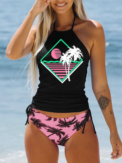 Conservative European and American women's colourful split pattern swimsuit for swimming.
