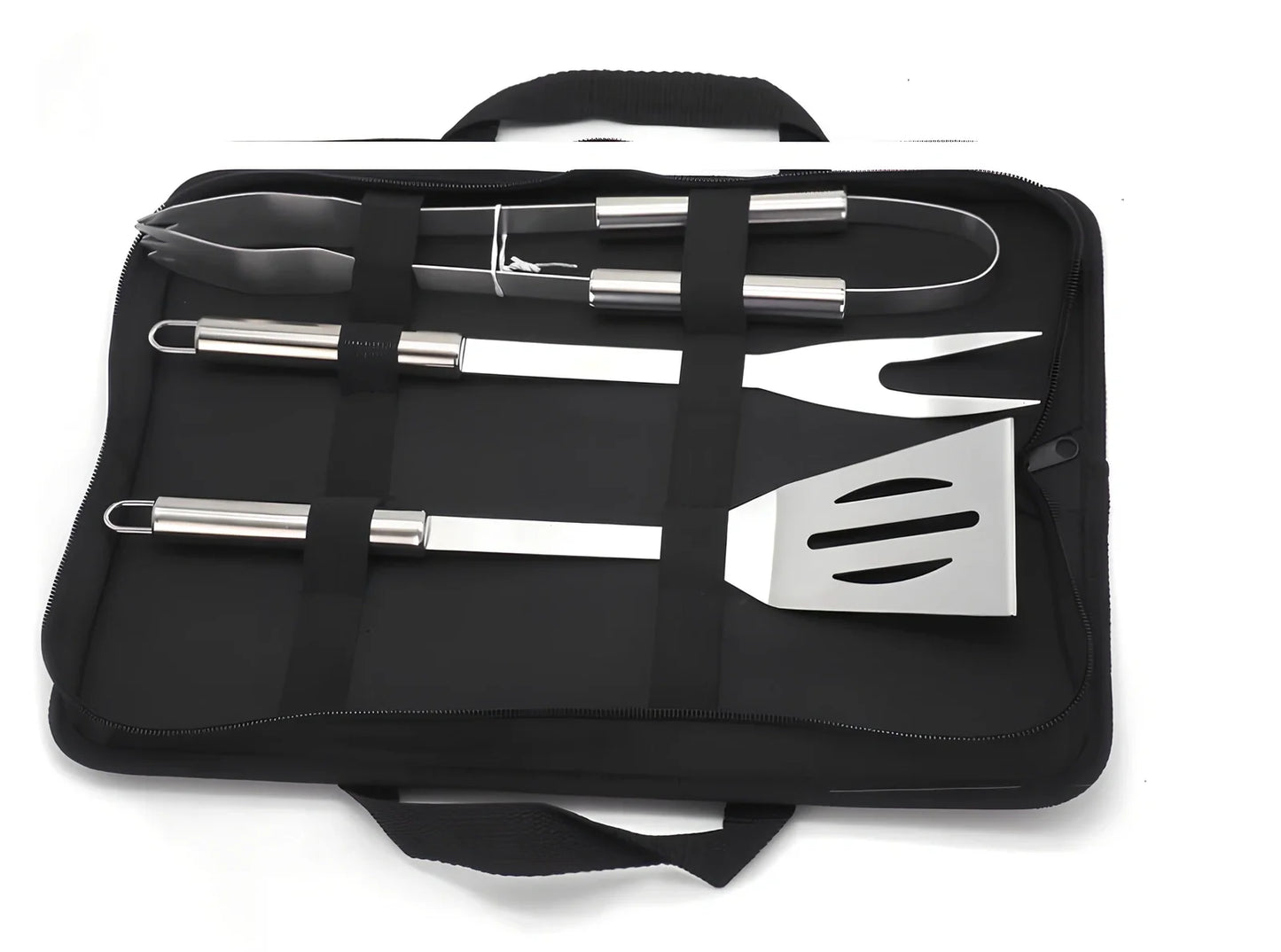 Silver 10-piece stainless steel BBQ tool set with shovel, fork, clip, strings, brush, and tote bag, sized 40x16.5x6cm for outdoor use