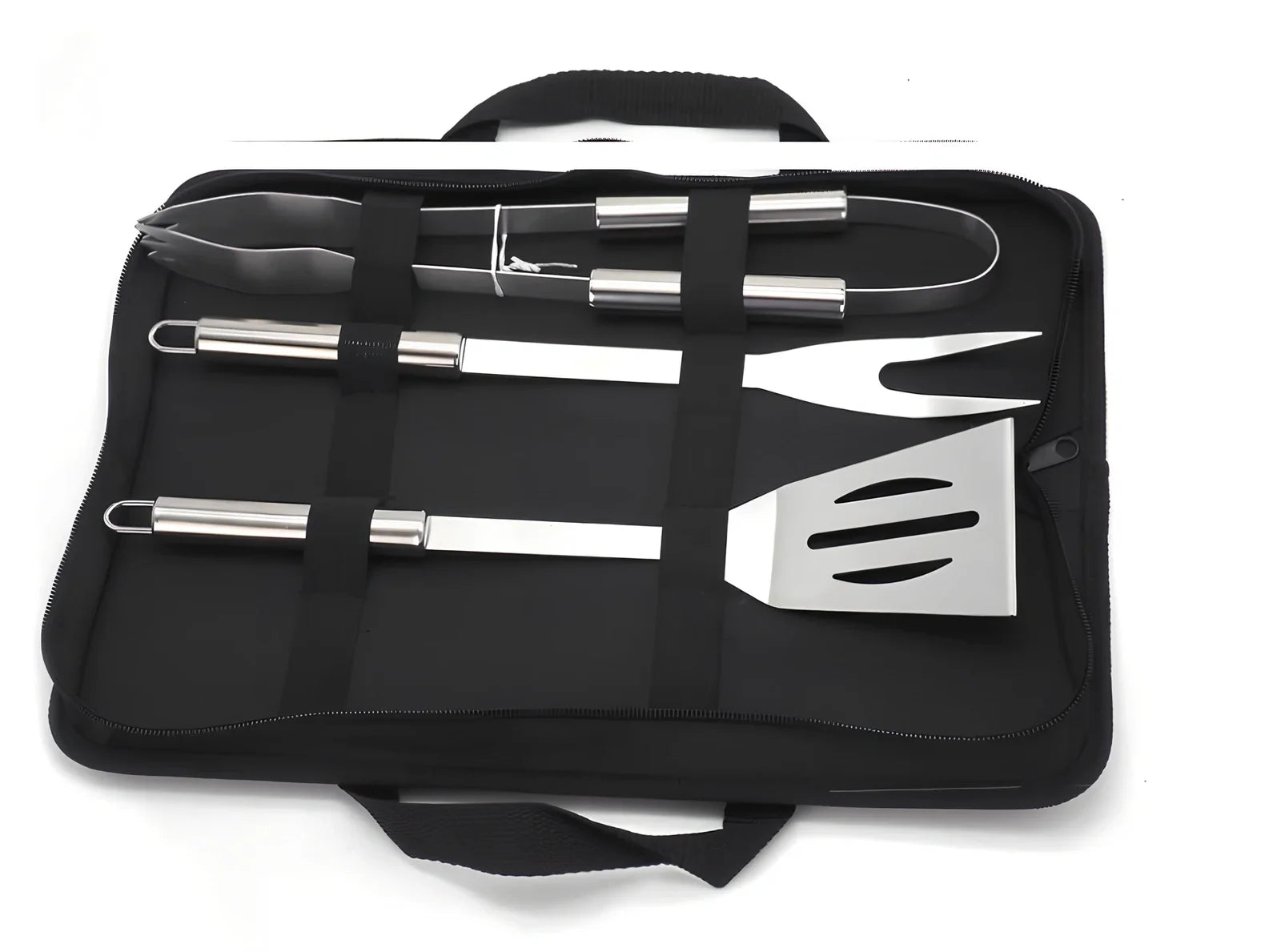 Silver 10-piece stainless steel BBQ tool set with shovel, fork, clip, strings, brush, and tote bag, sized 40x16.5x6cm for outdoor use