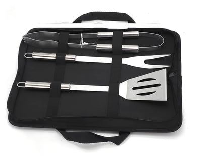 Silver 10-piece stainless steel BBQ tool set with shovel, fork, clip, strings, brush, and tote bag, sized 40x16.5x6cm for outdoor use
