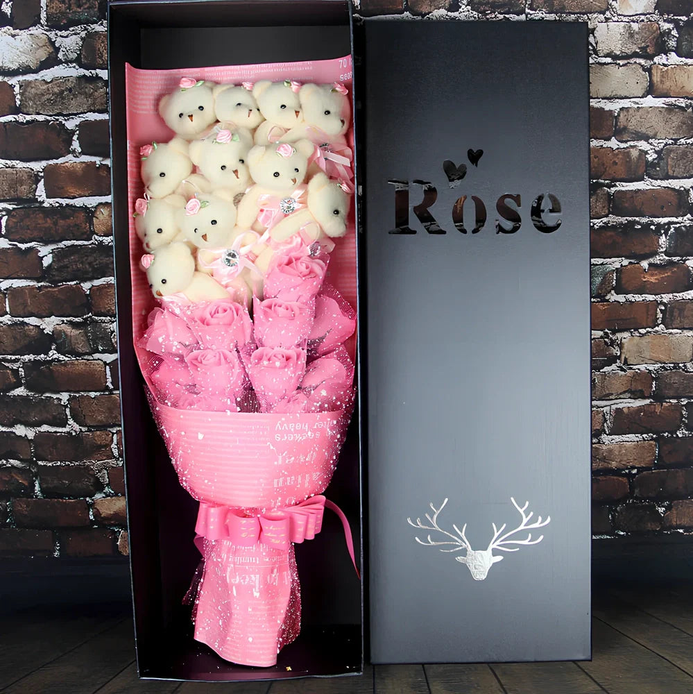 Handmade Valentine's bouquet of 11 cartoon bears 15 cm tall with 11 chiffon roses 10-12 cm in rose gift box, colour options available