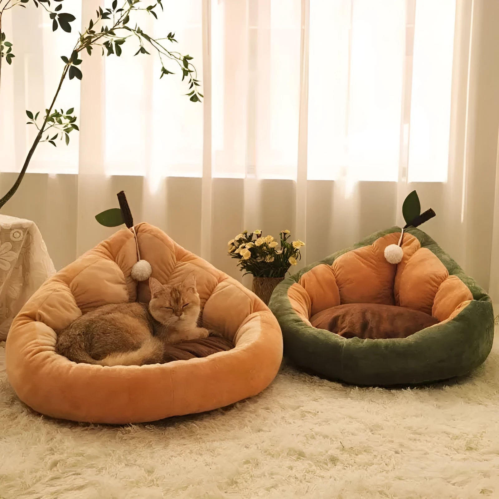 Cotton-filled cat bed house kennel in coffee or green colour showing three size options