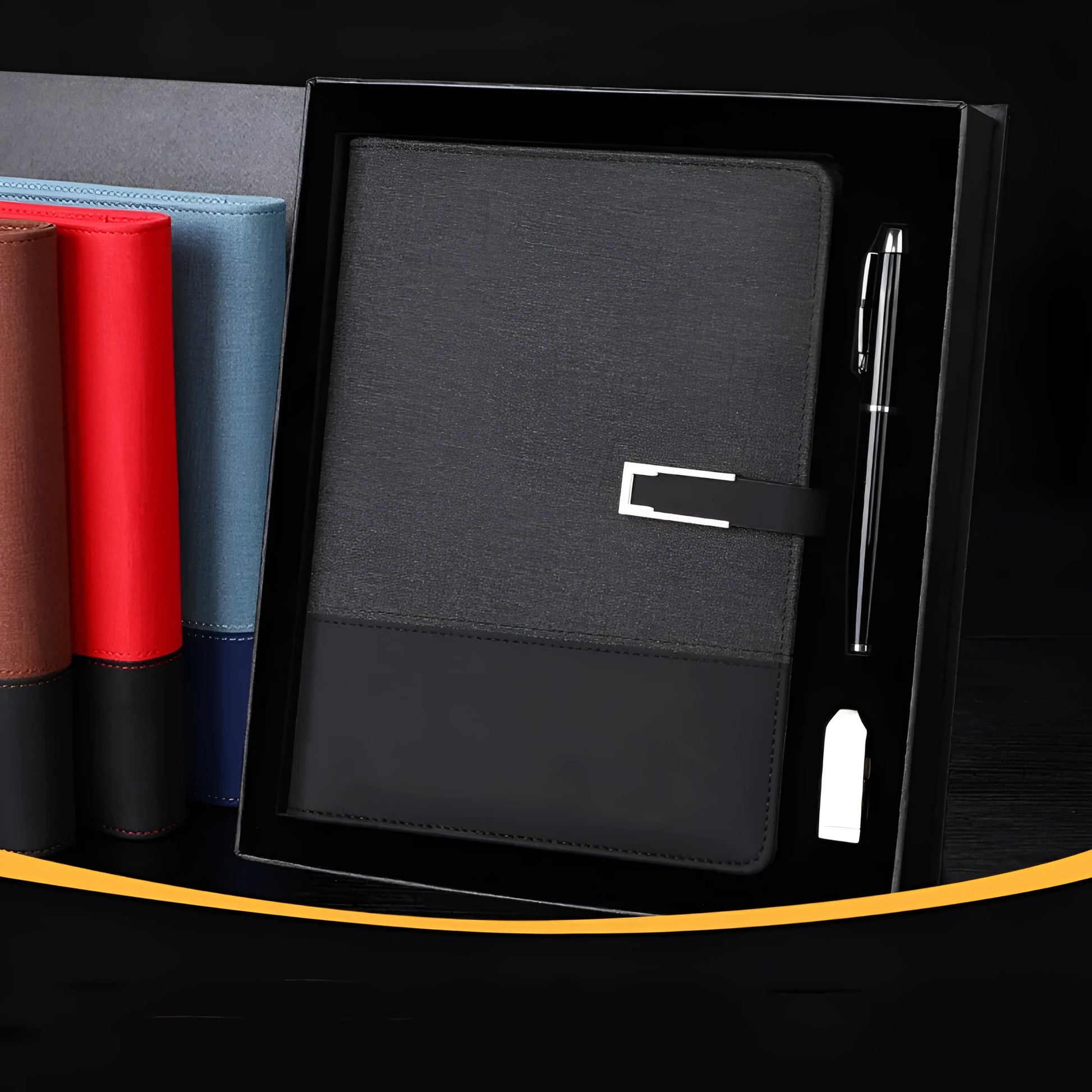 A5 soft PU leather notebook in Business Brown colour, showing thick wood-free paper inside.
