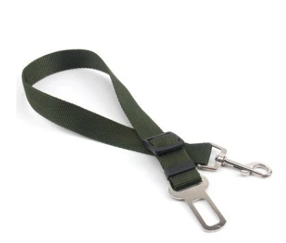 Adjustable dog seat belt with secure clip and buckle for attaching to pet harness and vehicle seatbelt