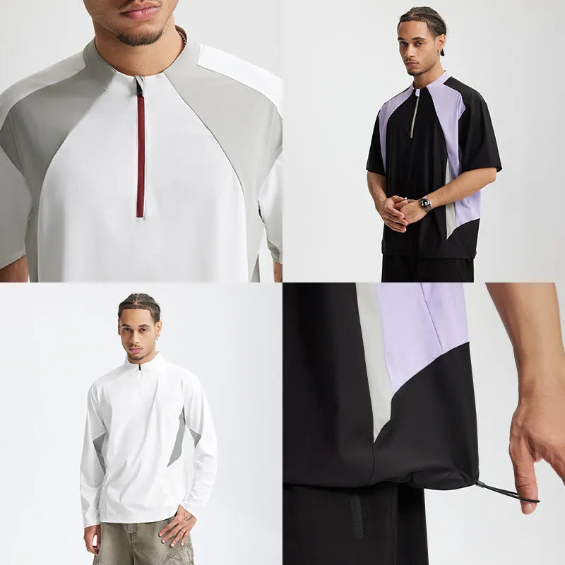 Men's lightweight polyester solid colour top with stitching detail, long sleeve and short sleeve options in black and beige, available in sizes M, L, XL for youth leisure wear