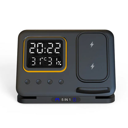 Black wireless charging station showing phone, watch and headphones charging, with digital clock display.