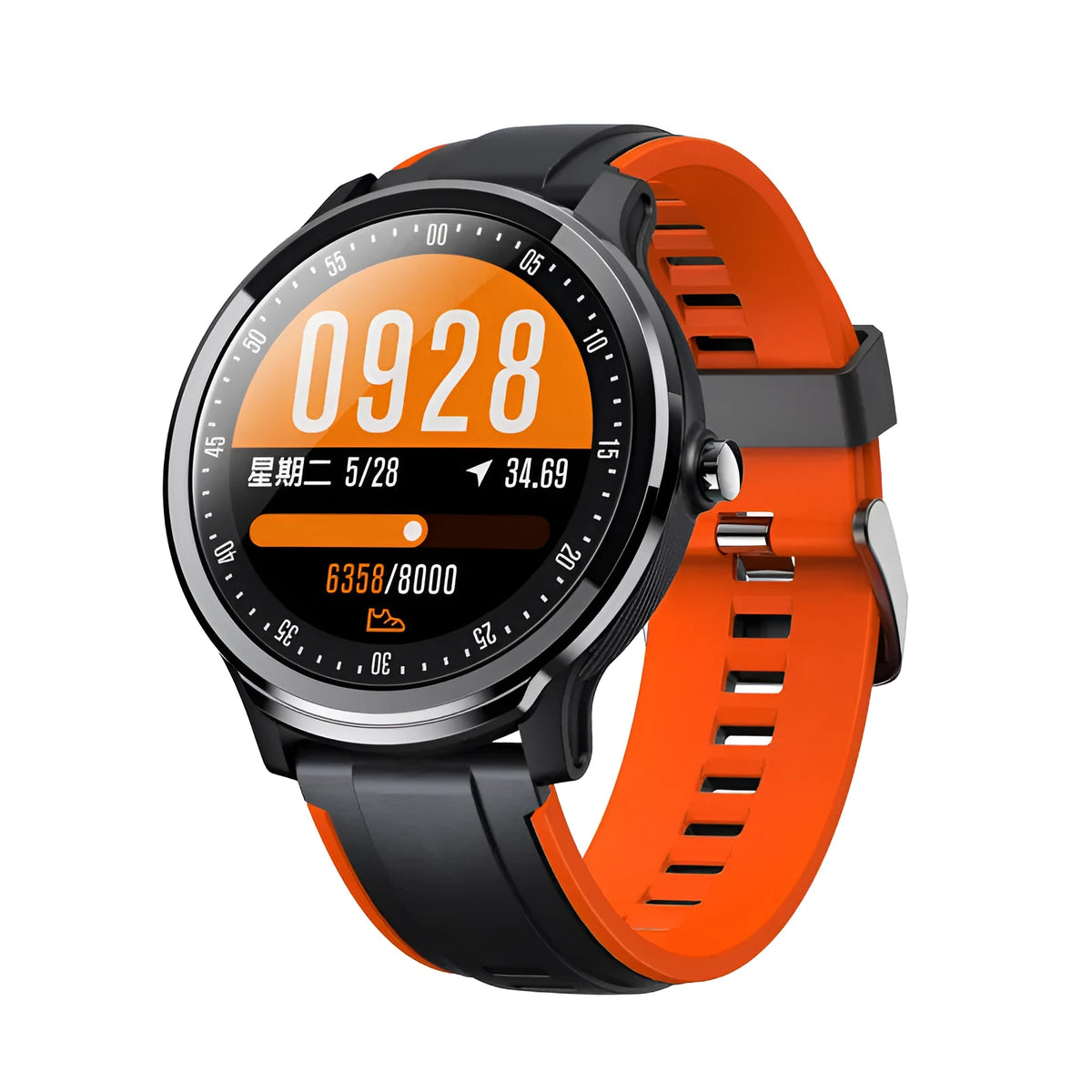 Green square multi-sport smart watch with touch screen and heart rate monitor on a wrist.