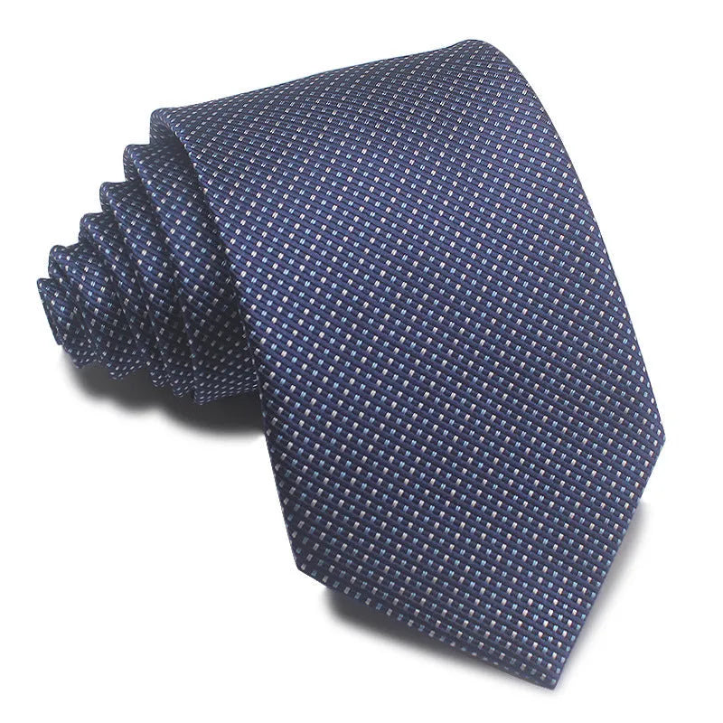 Close-up of a red and black striped men's business tie with a textured Jacquard weave, showing the 8cm width and arrow point shape.