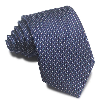 Close-up of a red and black striped men's business tie with a textured Jacquard weave, showing the 8cm width and arrow point shape.