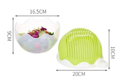 Blue salad cutter bowl showing cutting lid with seams, drain basket function, and reversible base plate