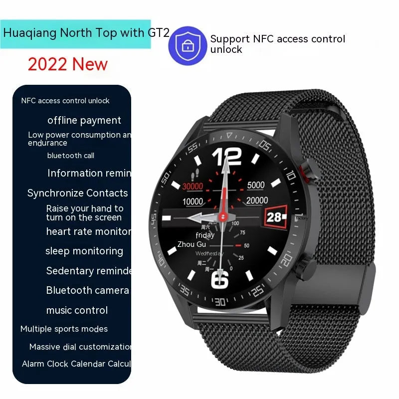 Black or silver smartwatch with 1.3-inch screen showing interface, featuring Bluetooth calling and NFC.