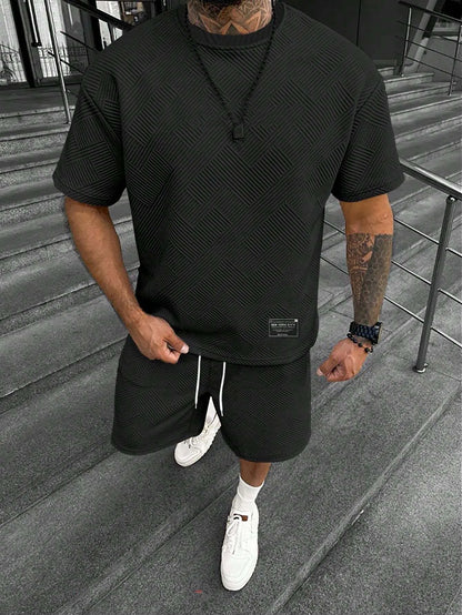 Men's short sleeve shorts suit in polyester blend fabric with printed pattern, sports leisure style