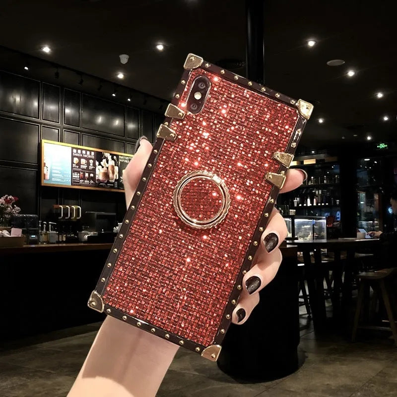 Square TPU mobile phone case in silver colour with a visible flash diamond bracket on the back