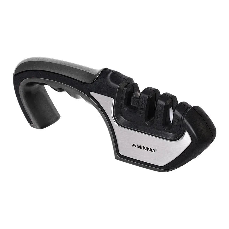 Four-in-one kitchen knife sharpener with 304 stainless steel body and ABS/TPR handle in black colour