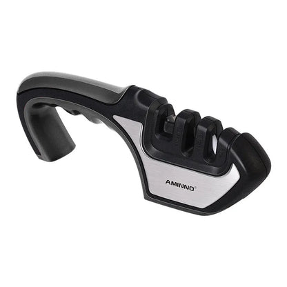 Four-in-one kitchen knife sharpener with 304 stainless steel body and ABS/TPR handle in black colour
