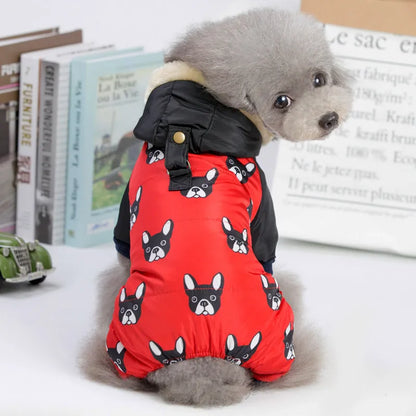 Four-legged dog cotton clothes in black or red, sizes S to XXL, showing back length and bust measurements