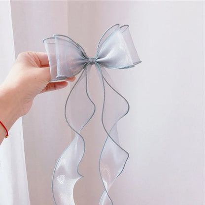 Children's lace bow hairpin with antique streamer design and duckbill clip in blue, grey, pink, purple, or red
