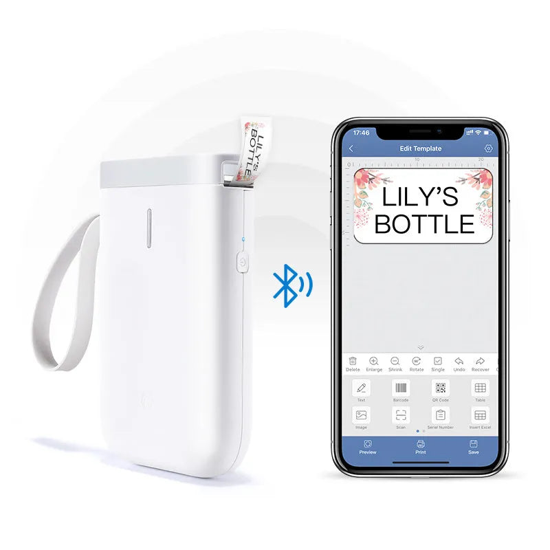 D11 black Bluetooth thermal label printer on a desk next to a smartphone showing the label design app