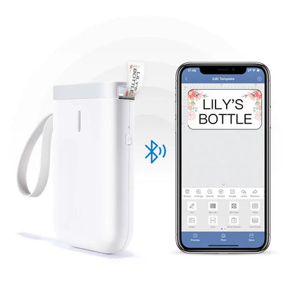 D11 black Bluetooth thermal label printer on a desk next to a smartphone showing the label design app