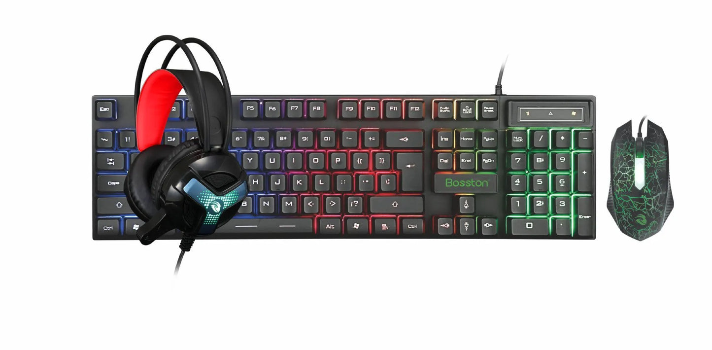 Thunder Wolf gaming keyboard mouse set with luminous effects and matching headset on mouse pad