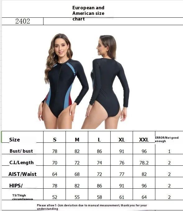 Blue and red women's one-piece swimsuit with front zipper and long sleeves for training.