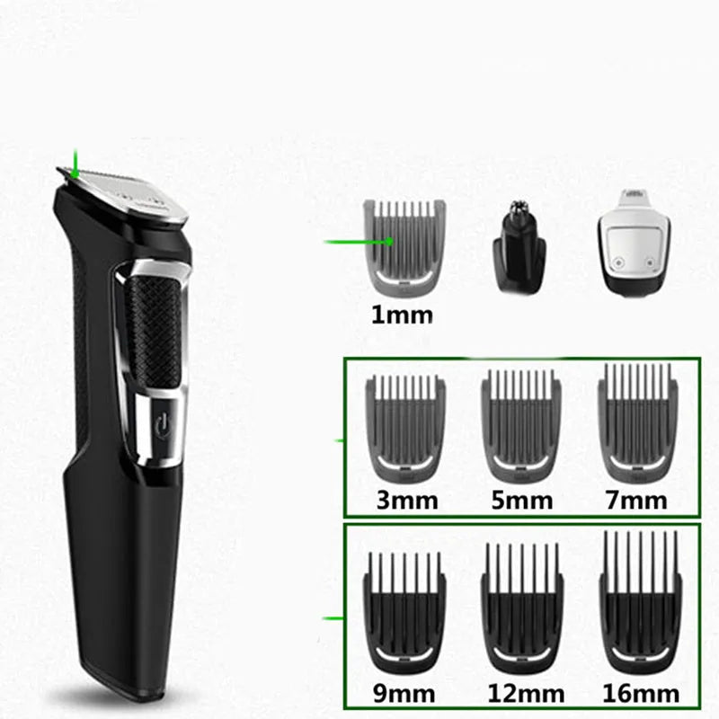 Standard colour multifunctional nose and beard hair clippers with cleaning brush on a white background.