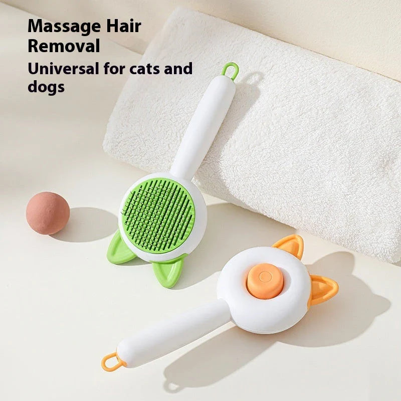 Dual-purpose pet grooming brush with self-cleaning design, available in greenish white and orange white colors
