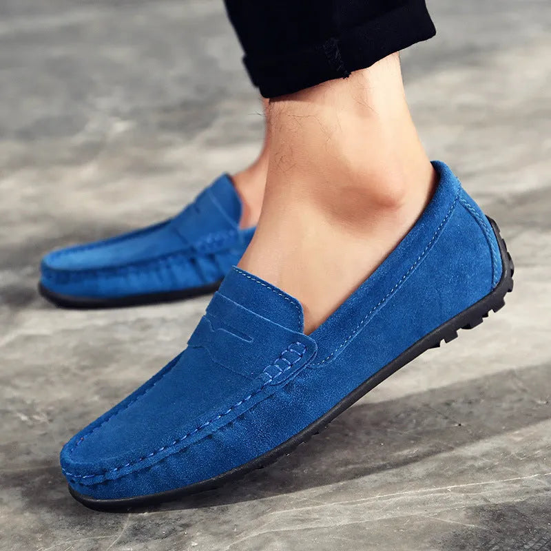 Men's suede Gommino loafers in UK plus sizes for everyday casual wear, featuring a round toe and rubber sole for comfort and durability across wide colour choices including black, brown, dark green, green and white.