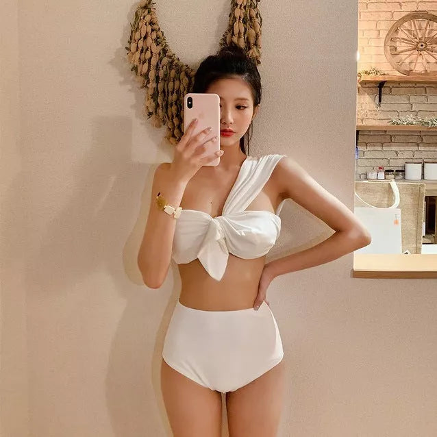 Women's one-shoulder high waist bikini in solid colours with quick-dry fabric