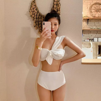 Women's one-shoulder high waist bikini in solid colours with quick-dry fabric