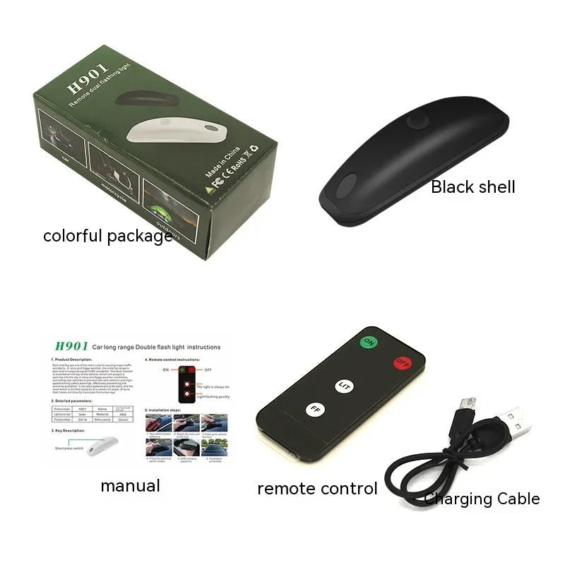 Black and white remote control car strobe light for safety in rain and fog, shown with its charging cable.