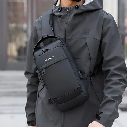 Password lock men's leisure bag in Oxford cloth, 31x17x7cm, vertical square, waterproof, black and brown colour options