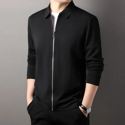 Men's straight hem jacket in black, dark grey, or apricot with regular sleeves and business-casual styling