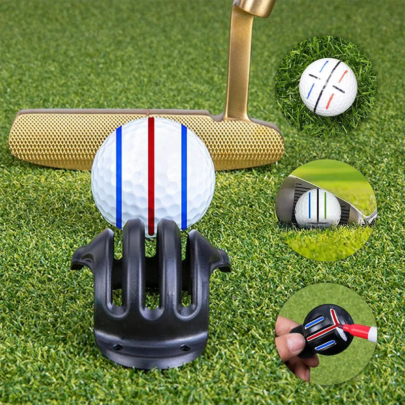 Outdoor golf scriber putter alignment tool with 4 scribers and 4 drawing pens on a green