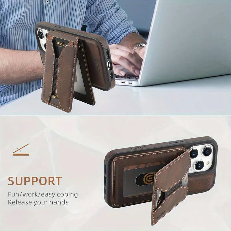 Magnetic iPhone case with rotating bracket and card pack in blue, brown, or black imitation leather.